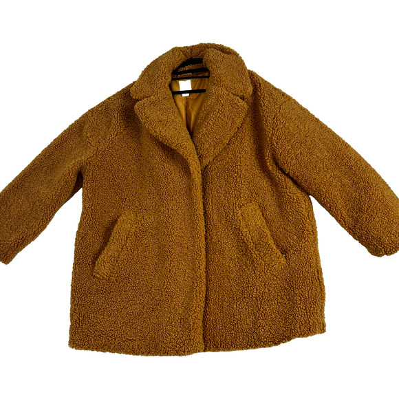 H&M Teddy Coat Jacket Womens XL Orange Brown Fuzzy Comfy Oversized Lined - Picture 1 of 13